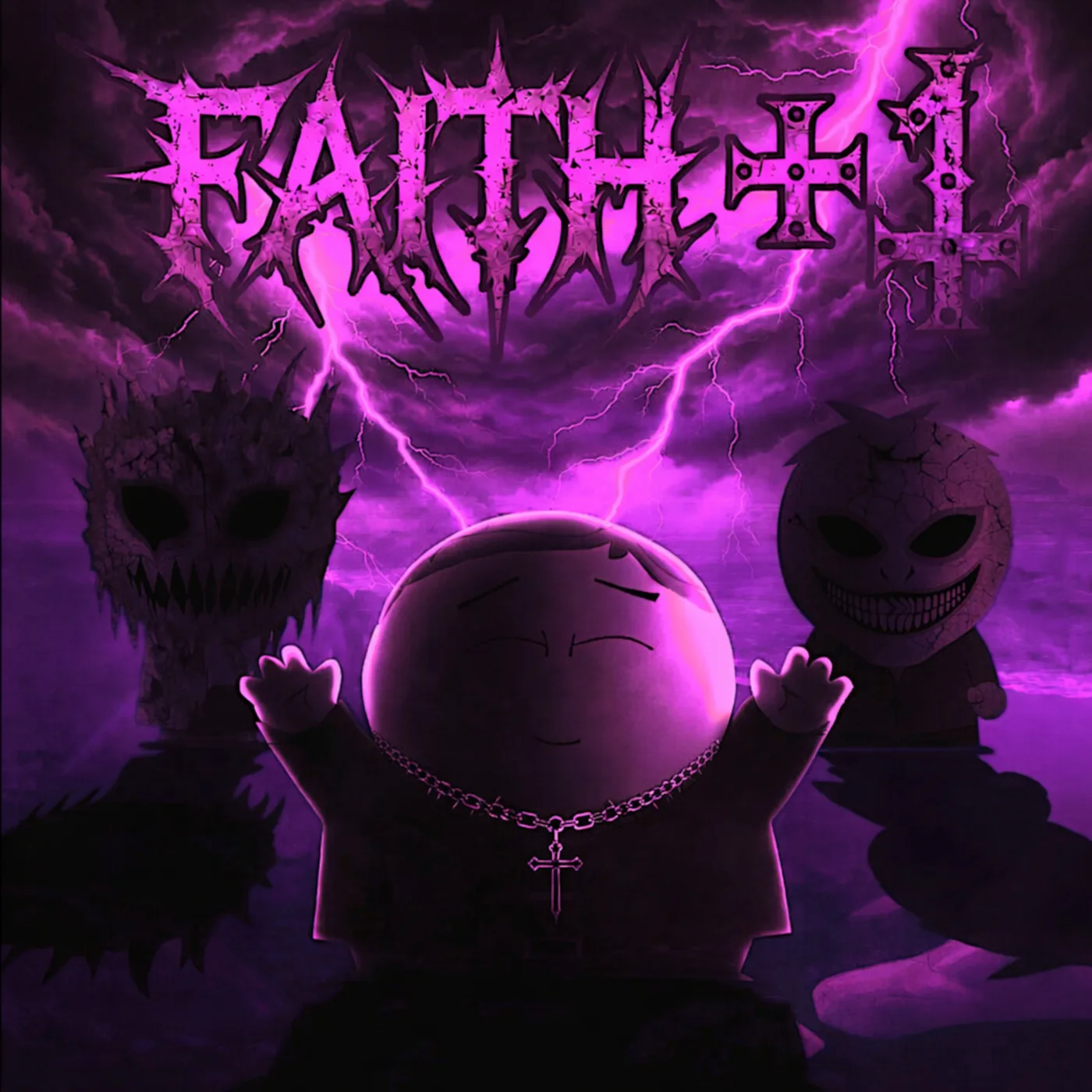 The same cover reworked in purple and magenta with a spiked black metal logo, lightning, and the two watching figures redrawn as corpse-painted demons.