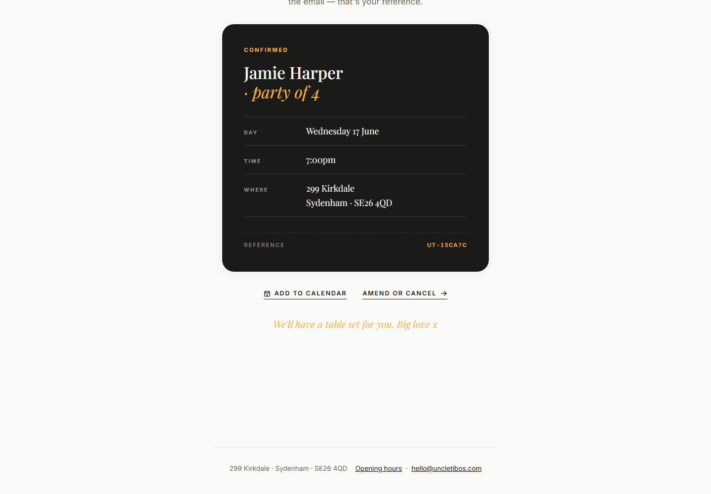 Uncle Tibo booking confirmation step