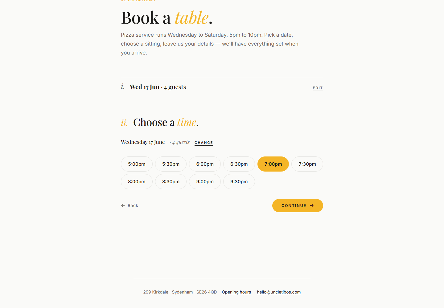 Uncle Tibo booking time selection step