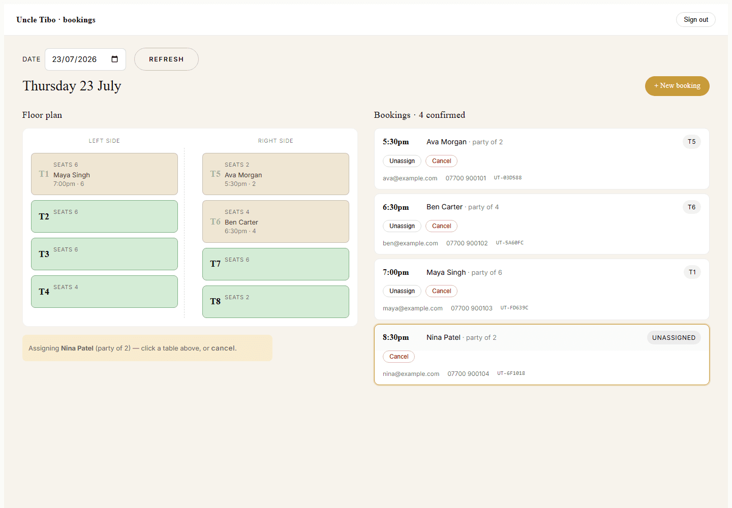Uncle Tibo staff table assignment dashboard