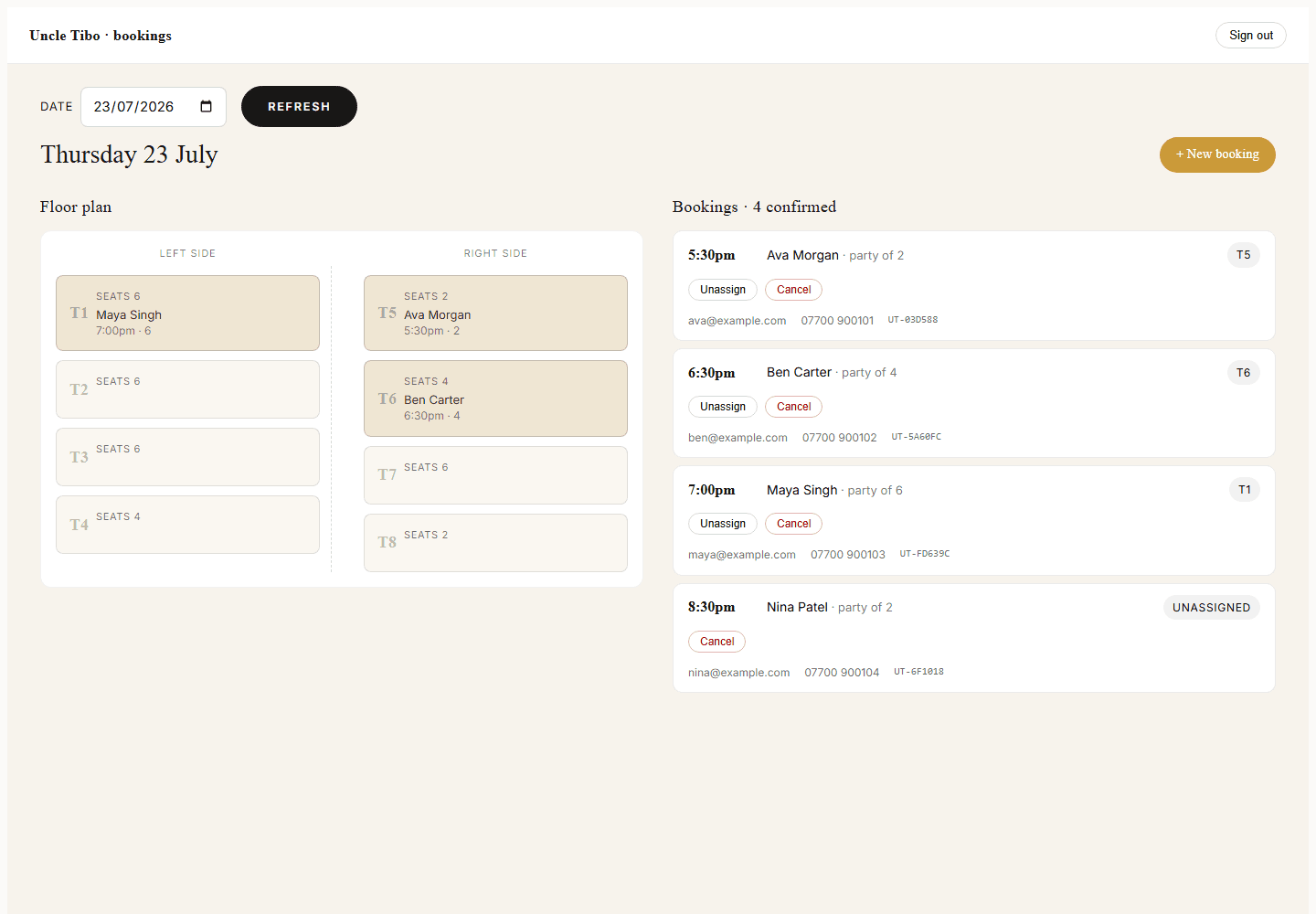 Uncle Tibo staff bookings dashboard