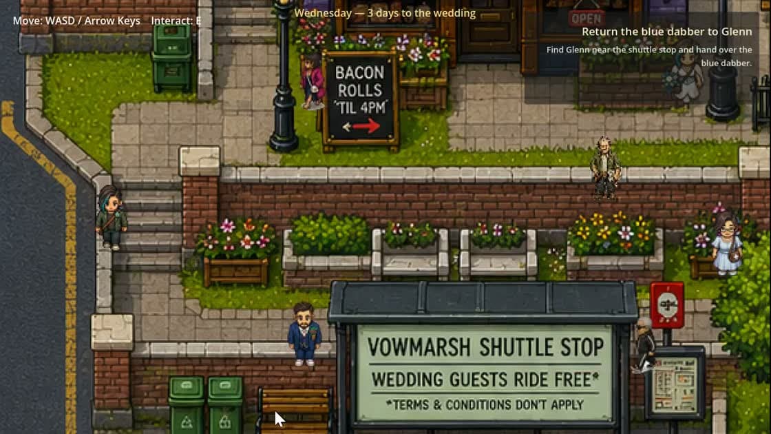 Pixel-art top-down view of a South London street: a bus shelter reading VOWMARSH SHUTTLE STOP, WEDDING GUESTS RIDE FREE, TERMS AND CONDITIONS DON'T APPLY, with a chalkboard advertising bacon rolls and townspeople standing about.