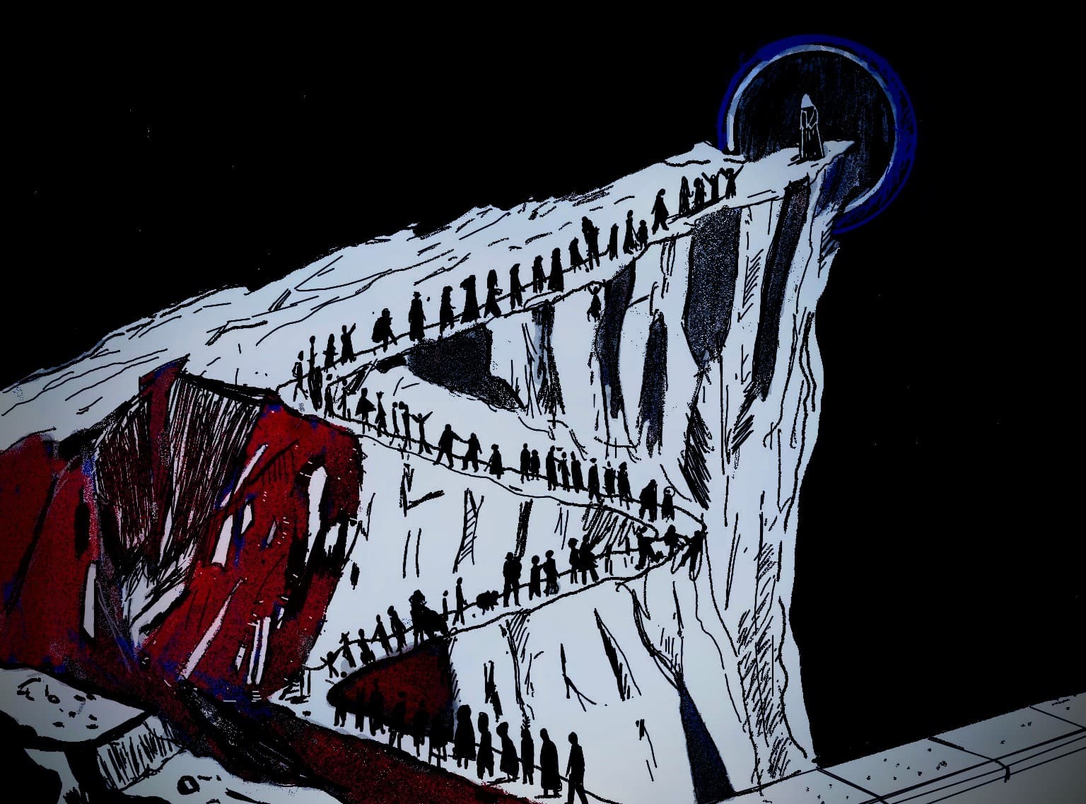 High-contrast drawing of a long single-file queue winding up an impossible white ridge toward a lit doorway, with a dark red mass beneath the rock.