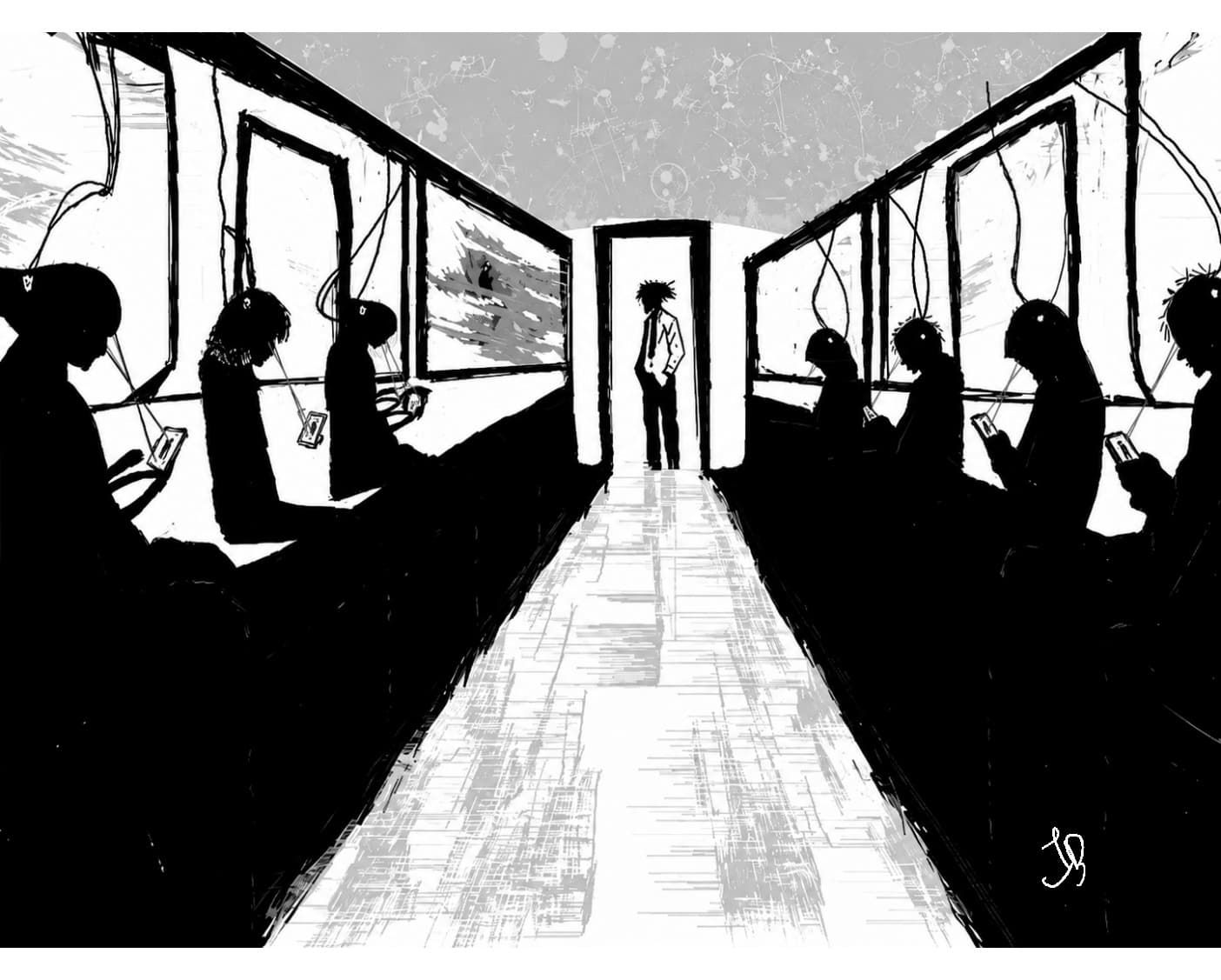 Black-and-white drawing of two facing rows of commuters lit by their phones, while a lone figure stands in the doorway at the end of the carriage and looks back.