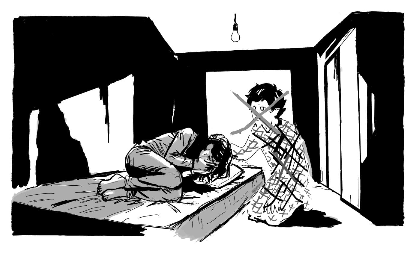 Black-and-white drawing of a figure curled on a bare mattress beneath a single bulb, with a second figure in the lit doorway crossed through by heavy marks.