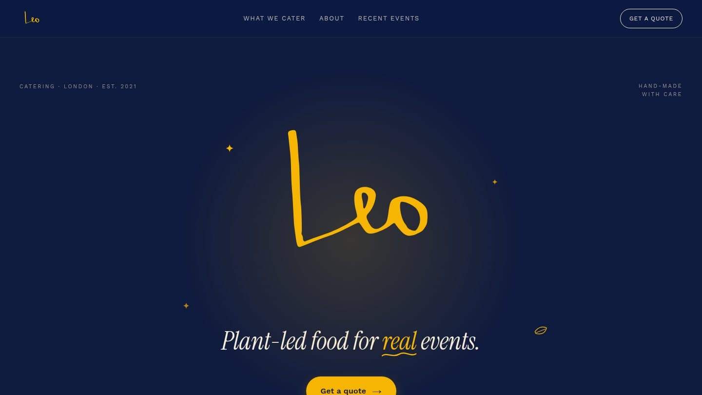 Fig 01 · Leo — plant-led catering for London & the South-East