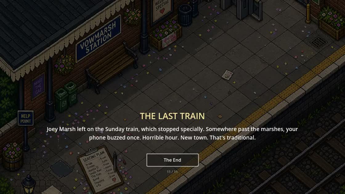 The ending card on a station platform strewn with confetti: THE LAST TRAIN. Joey Marsh left on the Sunday train, which stopped specially. Somewhere past the marshes, your phone buzzed once. Horrible hour. New town. That's traditional.